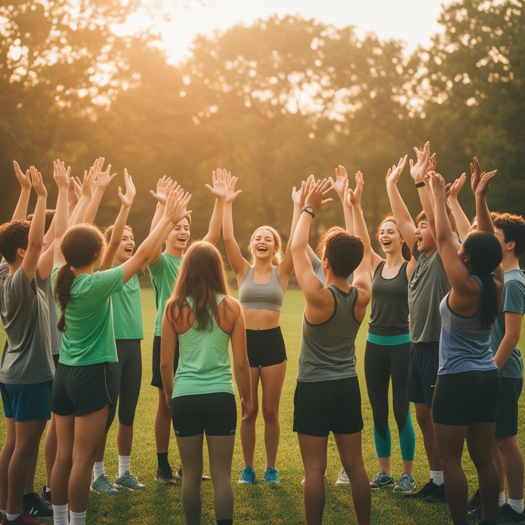 Diverse teens forming a circle outdoors with arms raised