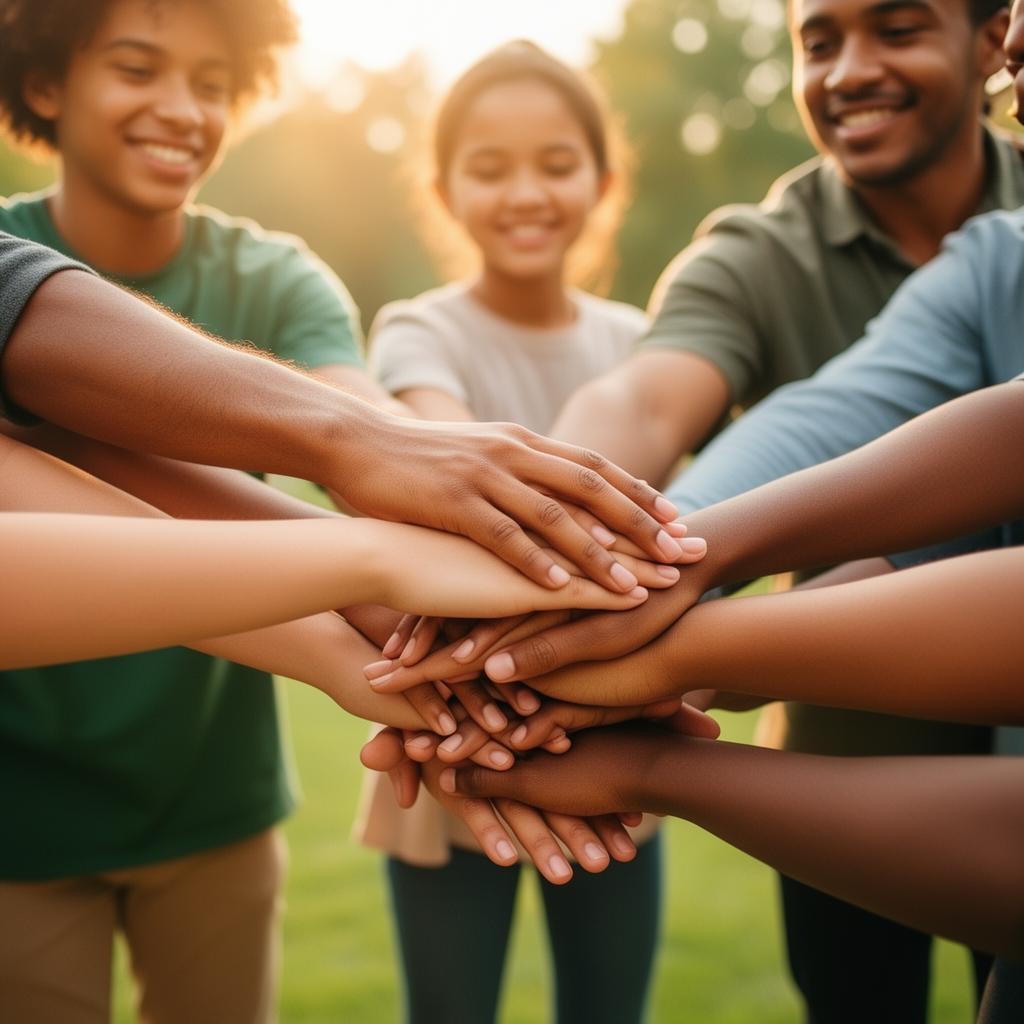 Team stacking hands together at a conference table